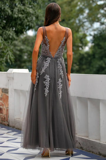 Grey Tulle Ball Dress with Appliques
